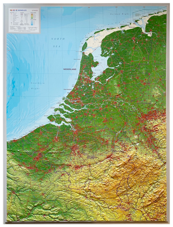 Reliëfkaart Benelux met voelbaar 3D reliëf (77 x 57cm)