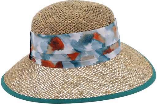 100% Seagras Cloche With Print Trimming Natural/Bottle Green