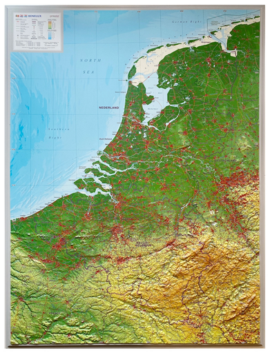 [GEORELIEF.F.015] Reliëfkaart Benelux met voelbaar 3D reliëf (77 x 57cm)