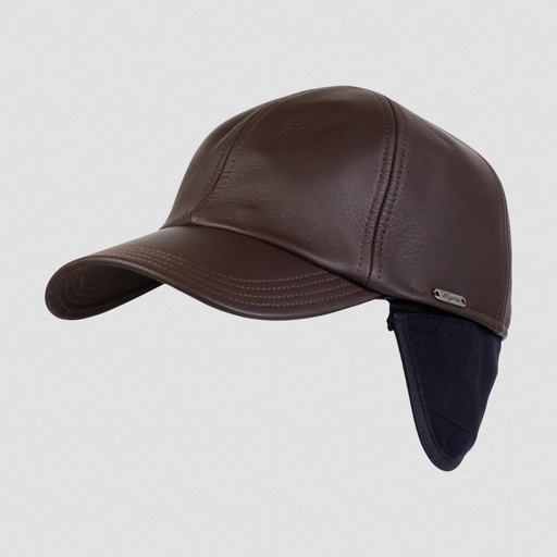 Baseball Cap with Earflap - 100% Elk Leather Dark Brown
