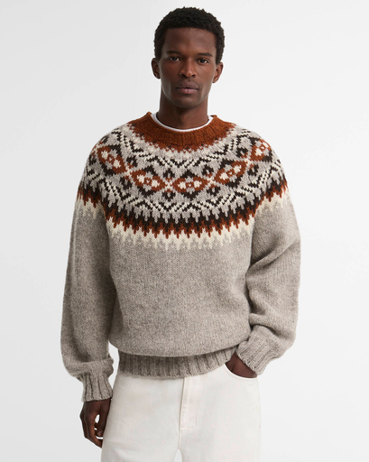 Men's Scottish Made Placement Fairisle Crew Grey Marl