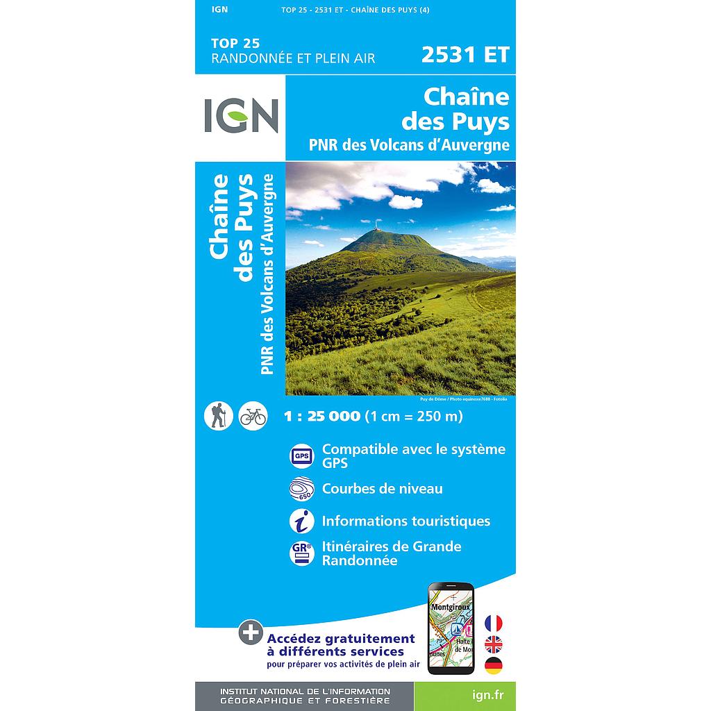 [IGN.2531ET] 2531ET Chaîne des Puys PNR des Volcans d'Auvergne gps - 1/25